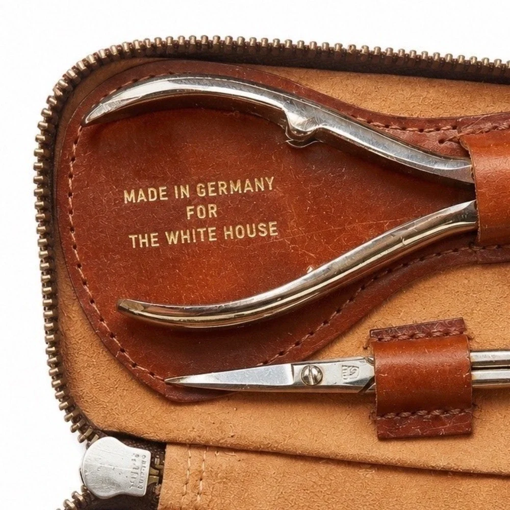 Vintage White House Grooming Kit Made in Germany Brown Leather Zipper Case Set